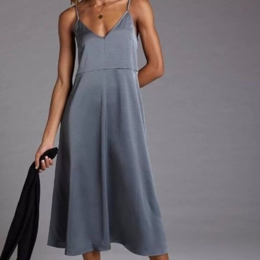 ANTHROPOLOGIE Daily Practice Carbon Satin Midi Slip Dress Pockets NWT Layering S